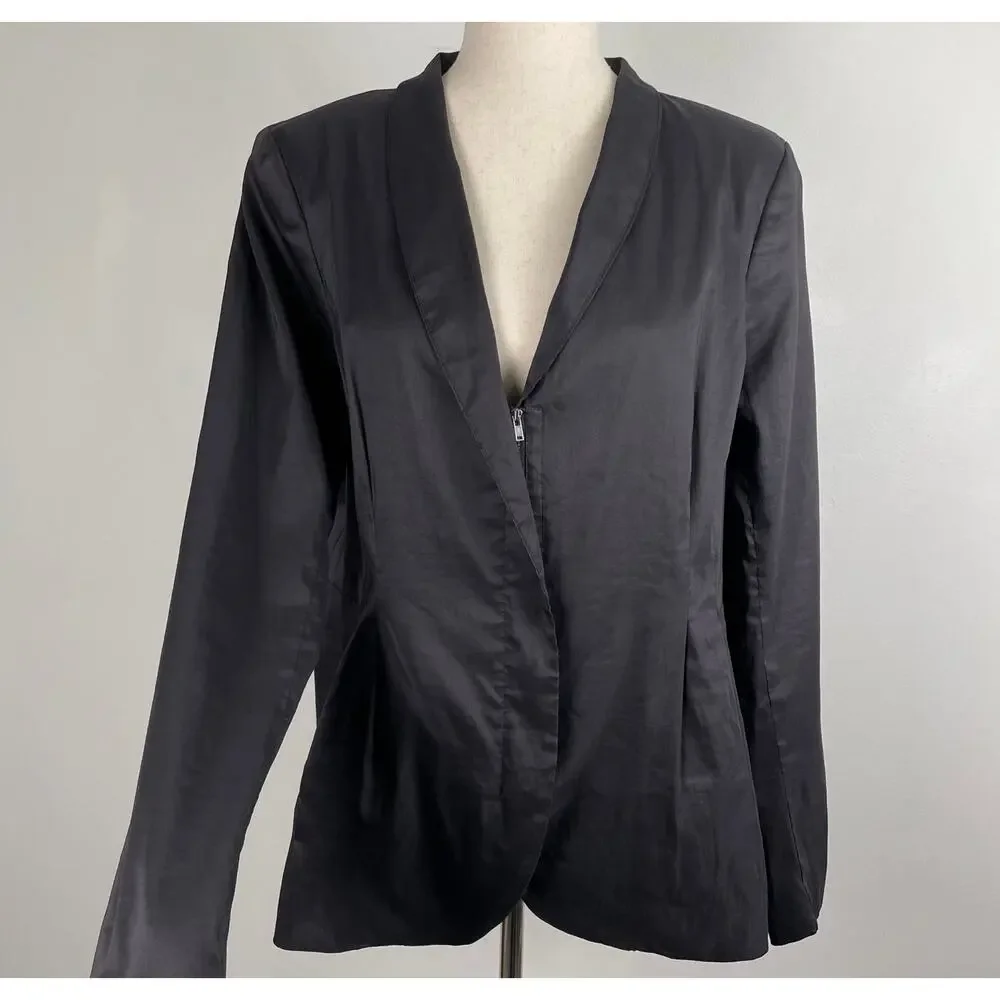 Eileen Fisher Polished Ramie Silk Stretch Jacket Blazer Zip Front Fitted Black L